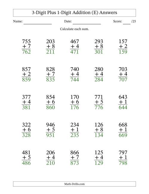 The 3-Digit Plus 1-Digit Addition With Some Regrouping (25 Questions) (E) Math Worksheet Page 2