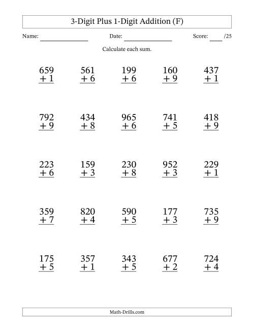 The 3-Digit Plus 1-Digit Addition With Some Regrouping (25 Questions) (F) Math Worksheet
