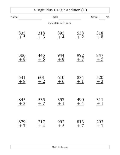 The 3-Digit Plus 1-Digit Addition With Some Regrouping (25 Questions) (G) Math Worksheet
