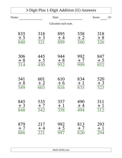 The 3-Digit Plus 1-Digit Addition With Some Regrouping (25 Questions) (G) Math Worksheet Page 2