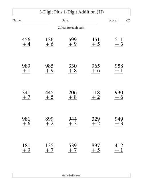 The 3-Digit Plus 1-Digit Addition With Some Regrouping (25 Questions) (H) Math Worksheet
