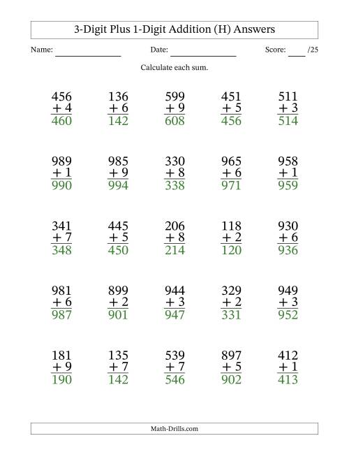 The 3-Digit Plus 1-Digit Addition With Some Regrouping (25 Questions) (H) Math Worksheet Page 2