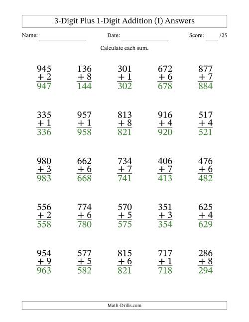 The 3-Digit Plus 1-Digit Addition With Some Regrouping (25 Questions) (I) Math Worksheet Page 2