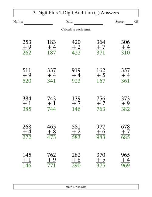 The 3-Digit Plus 1-Digit Addition With Some Regrouping (25 Questions) (J) Math Worksheet Page 2