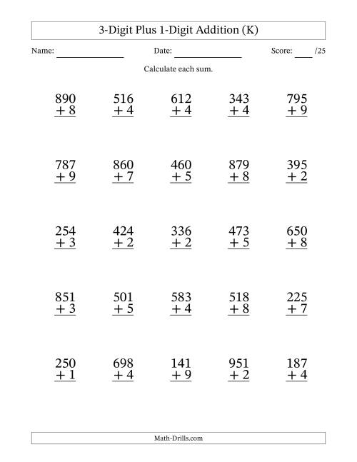 The 3-Digit Plus 1-Digit Addition With Some Regrouping (25 Questions) (K) Math Worksheet