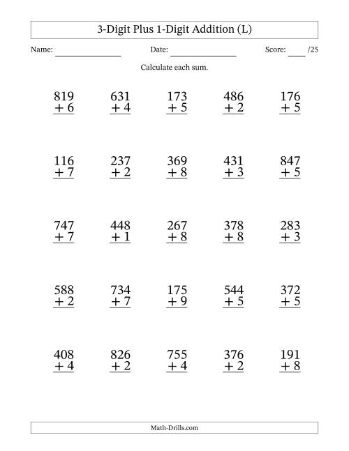 The 3-Digit Plus 1-Digit Addition With Some Regrouping (25 Questions) (L) Math Worksheet