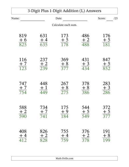 The 3-Digit Plus 1-Digit Addition With Some Regrouping (25 Questions) (L) Math Worksheet Page 2
