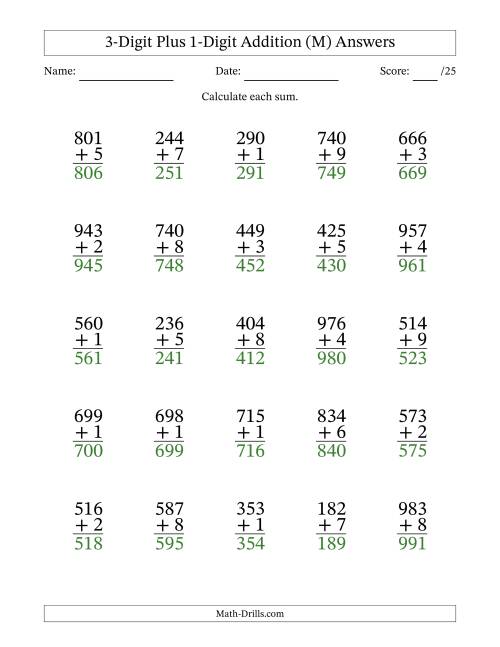 The 3-Digit Plus 1-Digit Addition With Some Regrouping (25 Questions) (M) Math Worksheet Page 2