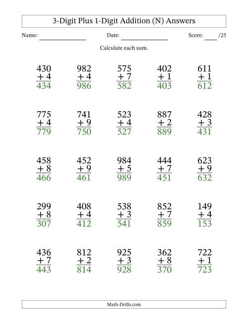 The 3-Digit Plus 1-Digit Addition With Some Regrouping (25 Questions) (N) Math Worksheet Page 2
