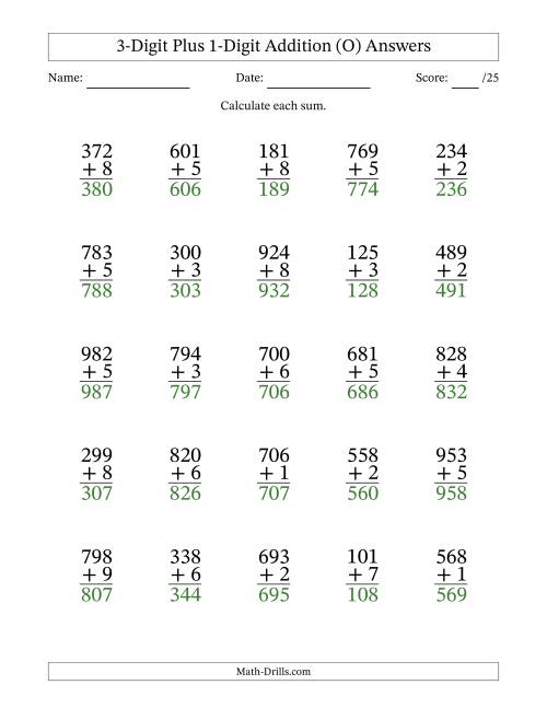 The 3-Digit Plus 1-Digit Addition With Some Regrouping (25 Questions) (O) Math Worksheet Page 2