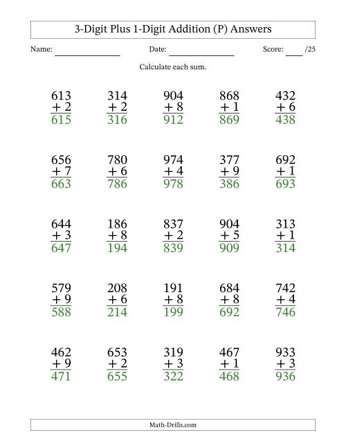 The 3-Digit Plus 1-Digit Addition With Some Regrouping (25 Questions) (P) Math Worksheet Page 2