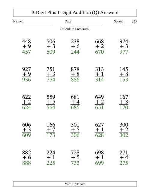 The 3-Digit Plus 1-Digit Addition With Some Regrouping (25 Questions) (Q) Math Worksheet Page 2