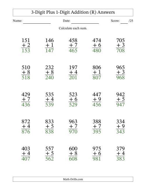 The 3-Digit Plus 1-Digit Addition With Some Regrouping (25 Questions) (R) Math Worksheet Page 2