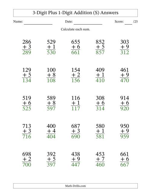 The 3-Digit Plus 1-Digit Addition With Some Regrouping (25 Questions) (S) Math Worksheet Page 2