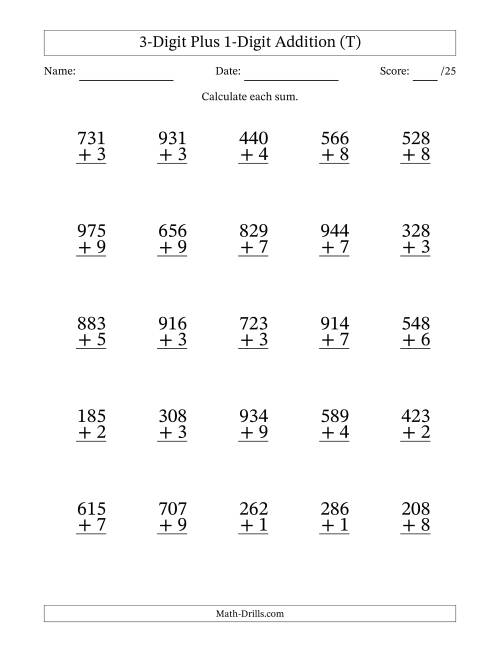 The 3-Digit Plus 1-Digit Addition With Some Regrouping (25 Questions) (T) Math Worksheet