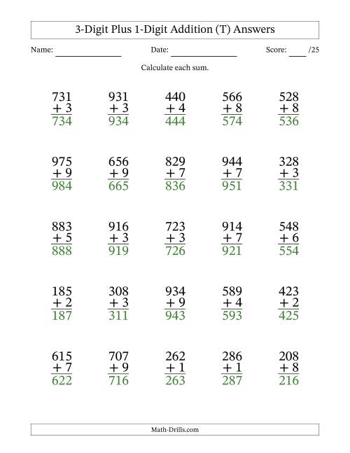 The 3-Digit Plus 1-Digit Addition With Some Regrouping (25 Questions) (T) Math Worksheet Page 2