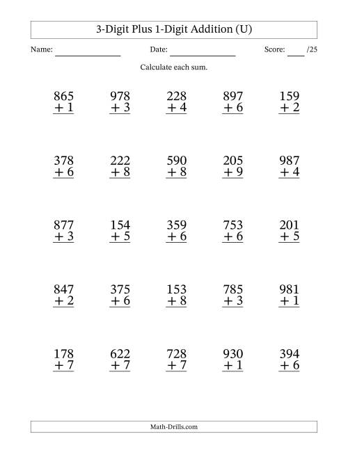 The 3-Digit Plus 1-Digit Addition With Some Regrouping (25 Questions) (U) Math Worksheet