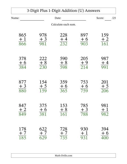 The 3-Digit Plus 1-Digit Addition With Some Regrouping (25 Questions) (U) Math Worksheet Page 2