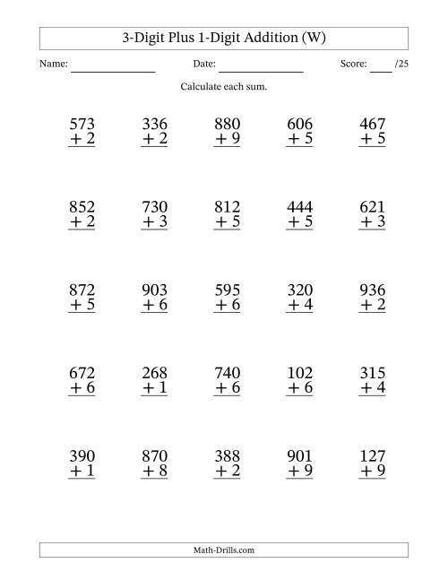 The 3-Digit Plus 1-Digit Addition With Some Regrouping (25 Questions) (W) Math Worksheet