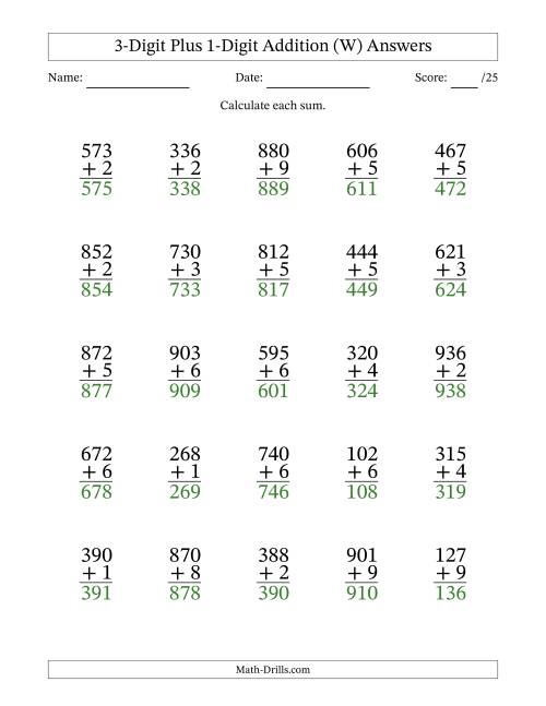 The 3-Digit Plus 1-Digit Addition With Some Regrouping (25 Questions) (W) Math Worksheet Page 2
