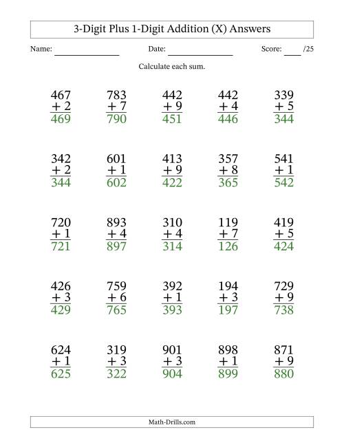 The 3-Digit Plus 1-Digit Addition With Some Regrouping (25 Questions) (X) Math Worksheet Page 2