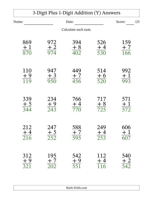 The 3-Digit Plus 1-Digit Addition With Some Regrouping (25 Questions) (Y) Math Worksheet Page 2