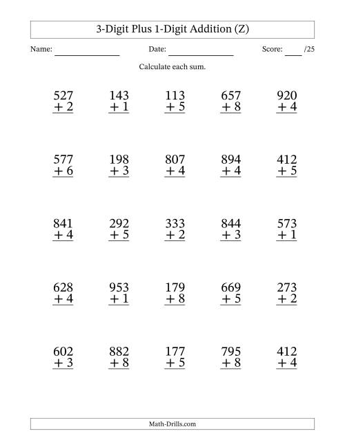 The 3-Digit Plus 1-Digit Addition With Some Regrouping (25 Questions) (Z) Math Worksheet