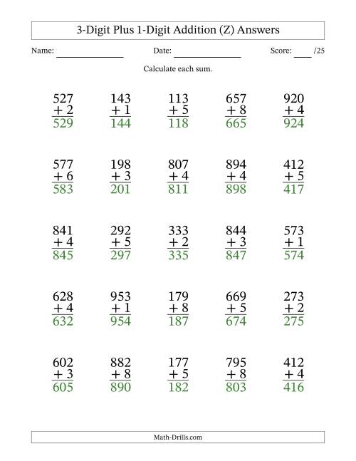 The 3-Digit Plus 1-Digit Addition With Some Regrouping (25 Questions) (Z) Math Worksheet Page 2