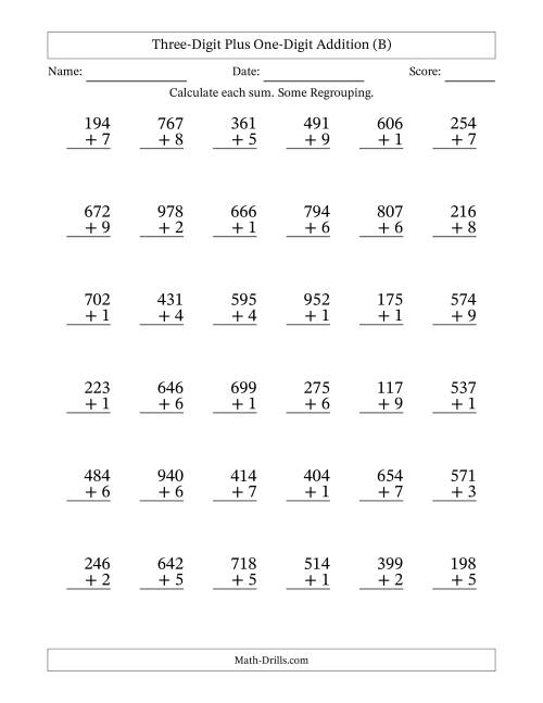 The Three-Digit Plus One-Digit Addition With Some Regrouping – 36 Questions (B) Math Worksheet
