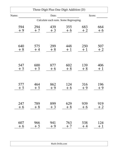 The Three-Digit Plus One-Digit Addition With Some Regrouping – 36 Questions (D) Math Worksheet