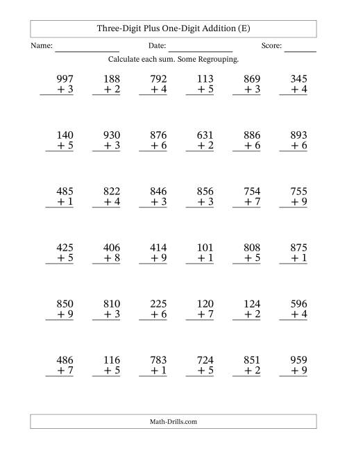 The Three-Digit Plus One-Digit Addition With Some Regrouping – 36 Questions (E) Math Worksheet