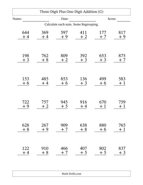 The Three-Digit Plus One-Digit Addition With Some Regrouping – 36 Questions (G) Math Worksheet