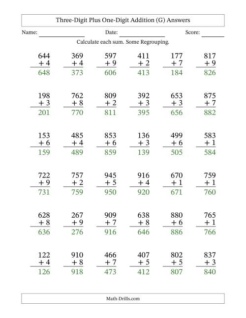 The Three-Digit Plus One-Digit Addition With Some Regrouping – 36 Questions (G) Math Worksheet Page 2