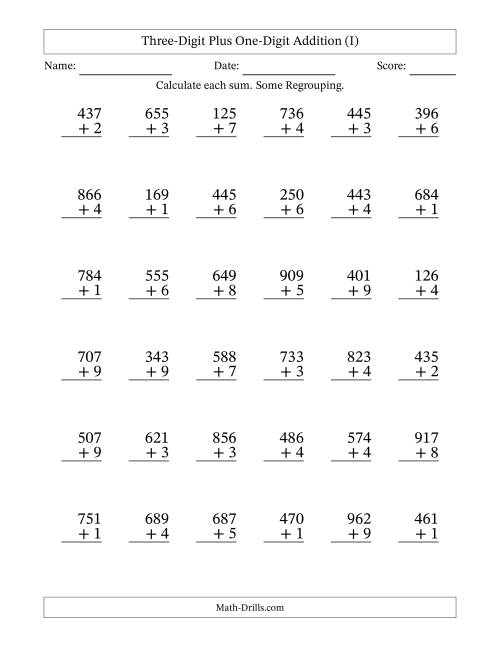 The Three-Digit Plus One-Digit Addition With Some Regrouping – 36 Questions (I) Math Worksheet