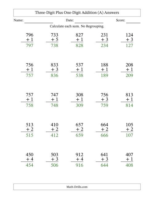 The Three-Digit Plus One-Digit Addition With No Regrouping – 25 Questions (A) Math Worksheet Page 2