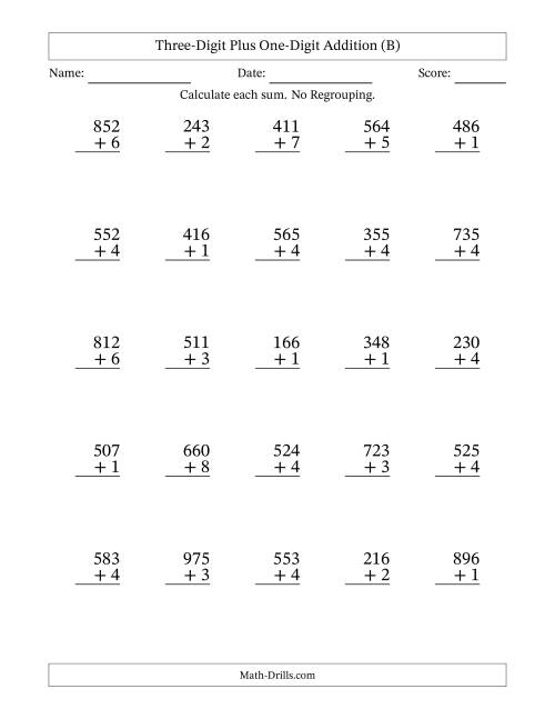 The Three-Digit Plus One-Digit Addition With No Regrouping – 25 Questions (B) Math Worksheet