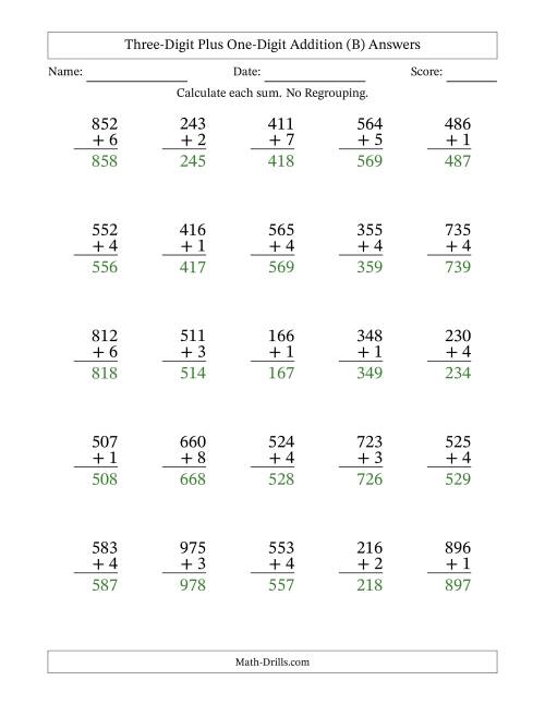 The Three-Digit Plus One-Digit Addition With No Regrouping – 25 Questions (B) Math Worksheet Page 2