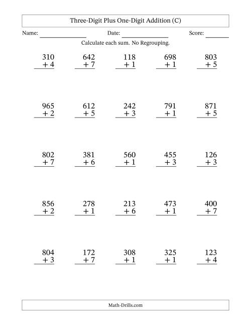 The Three-Digit Plus One-Digit Addition With No Regrouping – 25 Questions (C) Math Worksheet