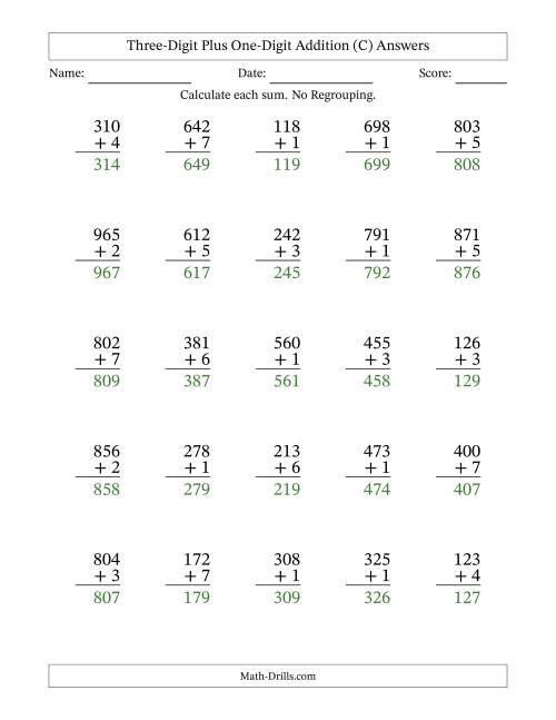 The Three-Digit Plus One-Digit Addition With No Regrouping – 25 Questions (C) Math Worksheet Page 2