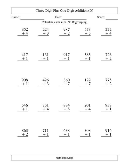 The Three-Digit Plus One-Digit Addition With No Regrouping – 25 Questions (D) Math Worksheet