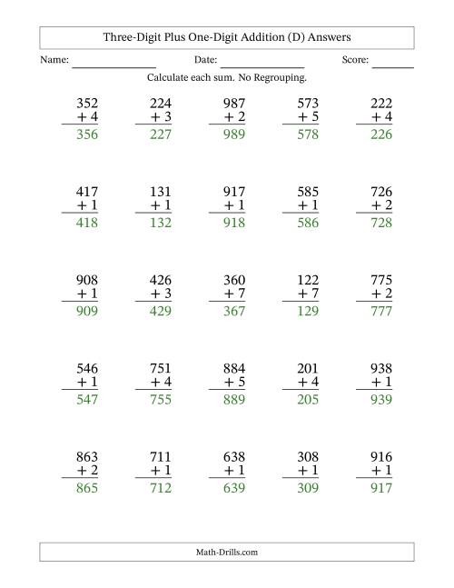 The Three-Digit Plus One-Digit Addition With No Regrouping – 25 Questions (D) Math Worksheet Page 2
