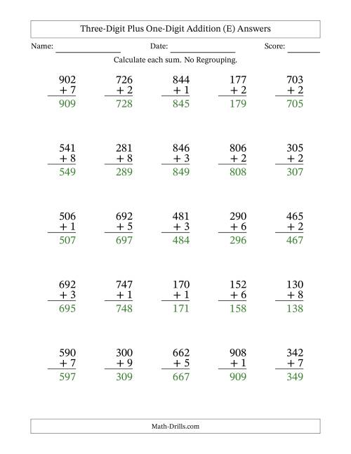 The Three-Digit Plus One-Digit Addition With No Regrouping – 25 Questions (E) Math Worksheet Page 2