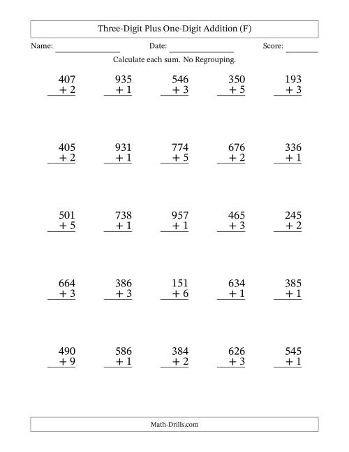 The Three-Digit Plus One-Digit Addition With No Regrouping – 25 Questions (F) Math Worksheet