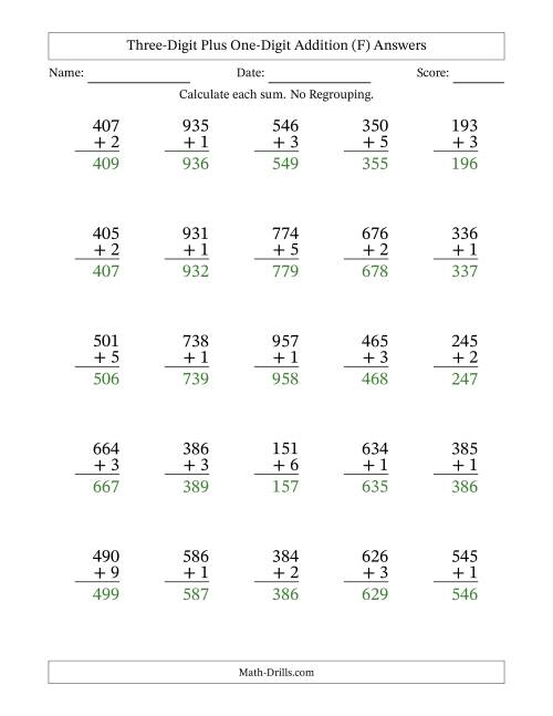 The Three-Digit Plus One-Digit Addition With No Regrouping – 25 Questions (F) Math Worksheet Page 2