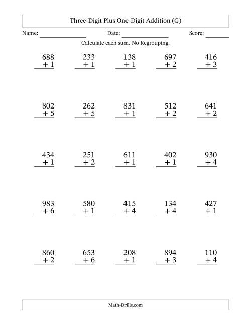 The Three-Digit Plus One-Digit Addition With No Regrouping – 25 Questions (G) Math Worksheet