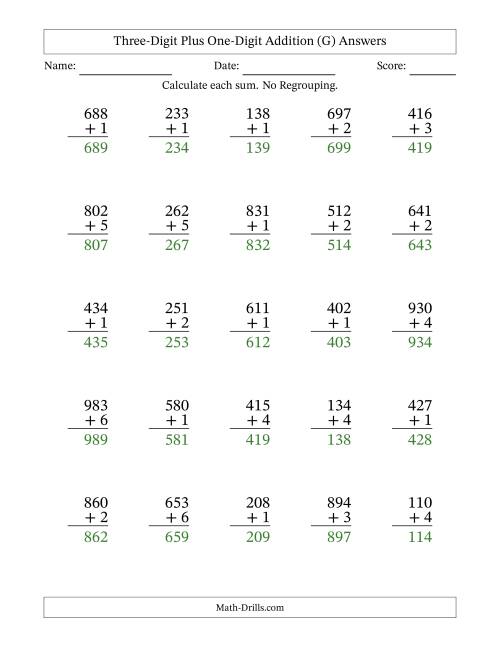The Three-Digit Plus One-Digit Addition With No Regrouping – 25 Questions (G) Math Worksheet Page 2