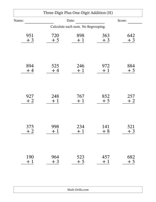 The Three-Digit Plus One-Digit Addition With No Regrouping – 25 Questions (H) Math Worksheet