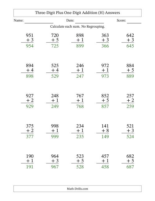 The Three-Digit Plus One-Digit Addition With No Regrouping – 25 Questions (H) Math Worksheet Page 2