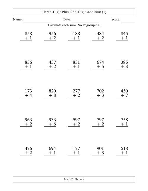 The Three-Digit Plus One-Digit Addition With No Regrouping – 25 Questions (I) Math Worksheet