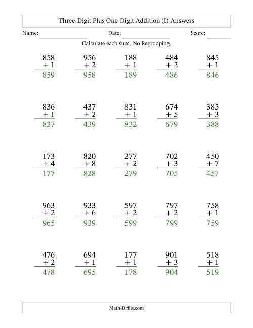 The Three-Digit Plus One-Digit Addition With No Regrouping – 25 Questions (I) Math Worksheet Page 2